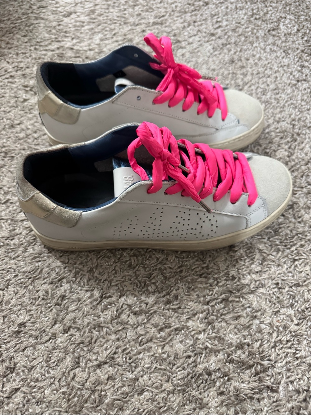 P448 White Leather Sneakers with Neon Pink Laces